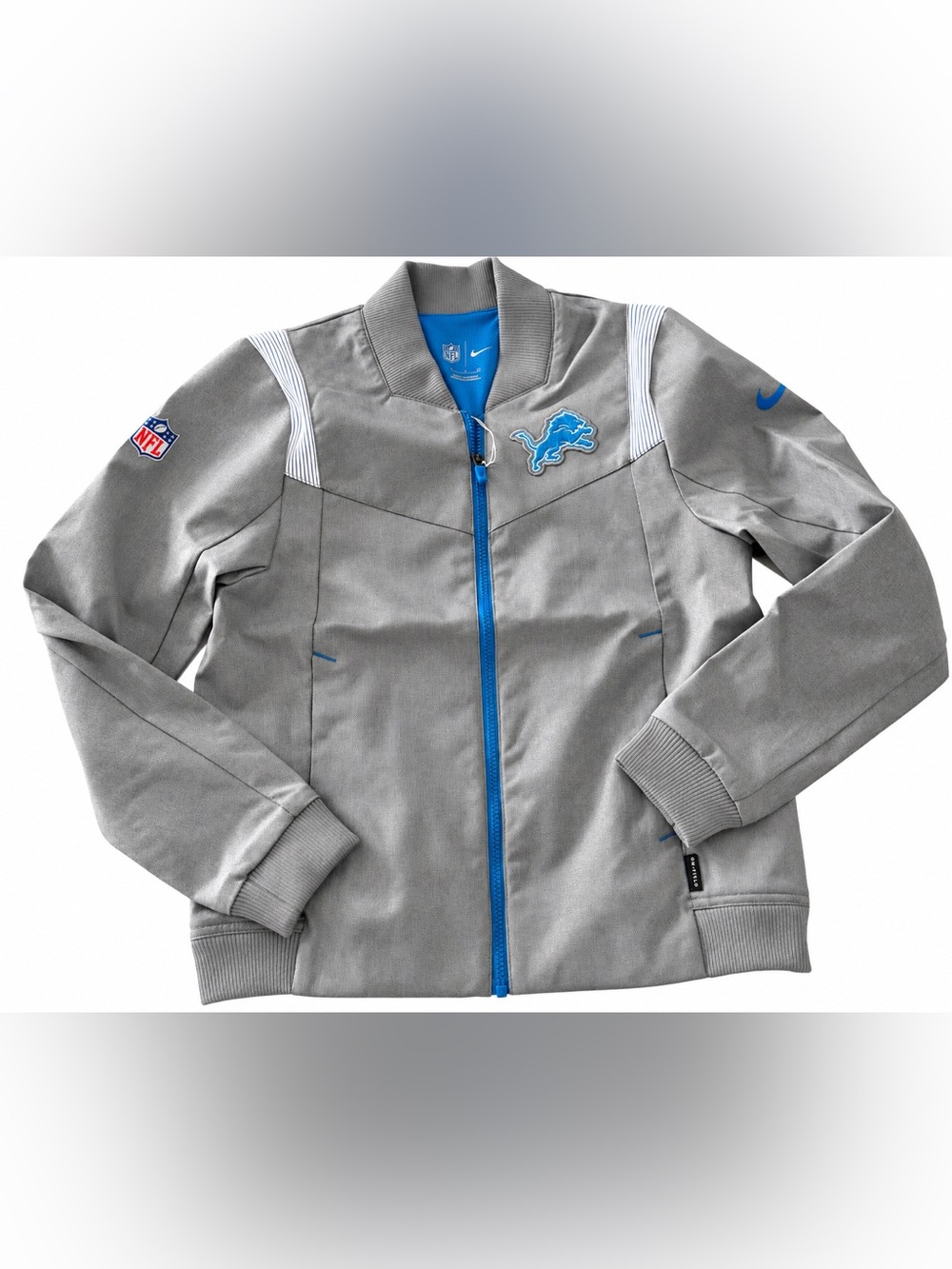 Nike Gray Bomber Jacket with Blue Detroit Lions Accents